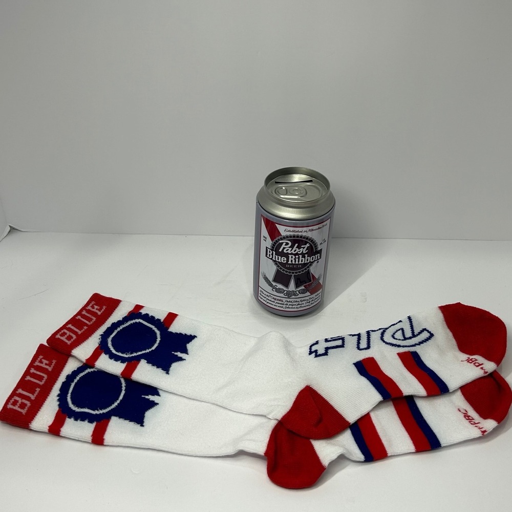 Pabst Blue Ribbon PBR Crew Socks in Collectible Beer Can Tin Bank White Red Blue
